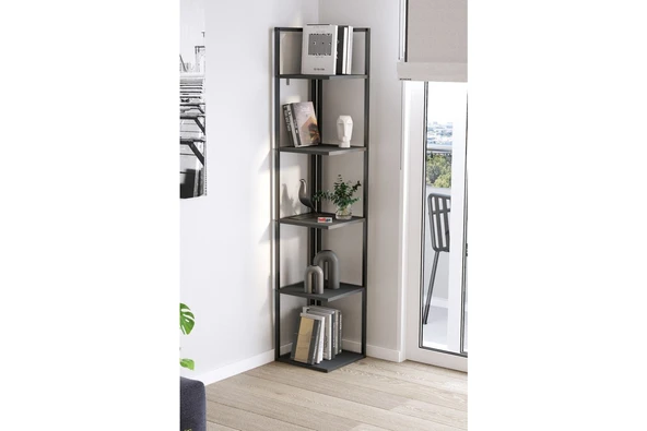 Bofigo 5 Raflı Metal Köşe Kitaplık Rafı Dekoratif Aksesuar Rafı Selanik 180 cm Antrasit - Resim 2