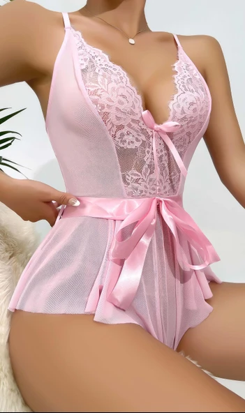 Kadın  Kontrast Dantel Kemerli Teddy Body Gecelik 2118 - Resim 2