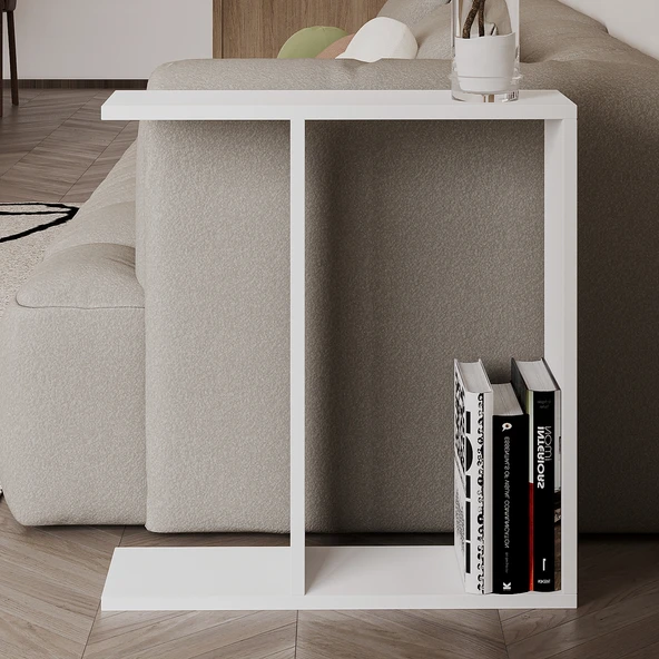 Lotus Modern Yan Sehpa – Kitaplıklı ve Dekoratif Tasarım, Beyaz - Resim 2
