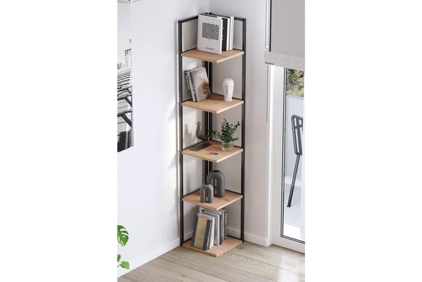 Bofigo 5 Raflı Metal Köşe Kitaplık Rafı Dekoratif Aksesuar Rafı Selanik 180 cm Çam - Resim 3