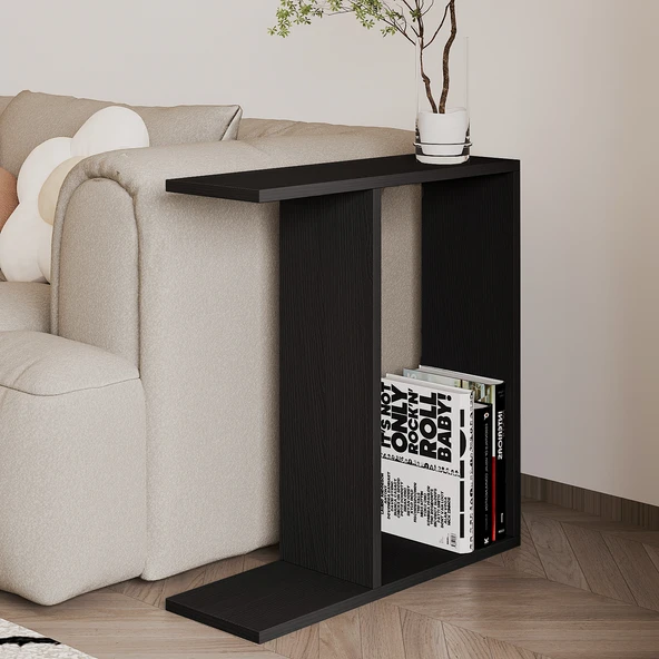 Lotus Modern Yan Sehpa – Kitaplıklı ve Dekoratif Tasarım, Ahşap Siyah ürün görseli