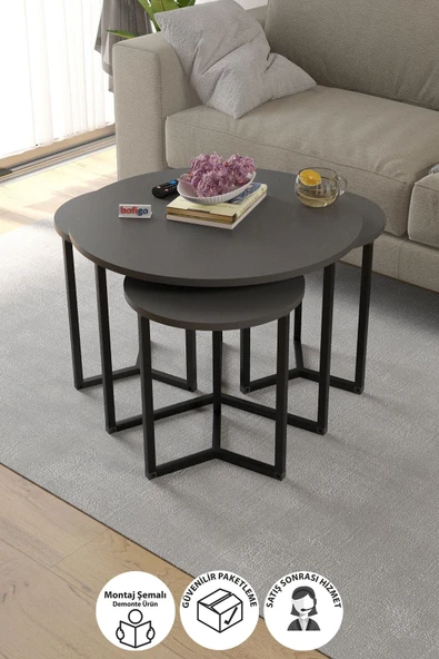 Bofigo 4lü Orta Sehpa Yan Sehpa Dekoratif Sehpa Metal Sehpa Yonca Antrasit ürün görseli