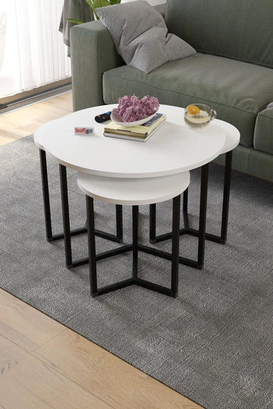 Bofigo 4lü Orta Sehpa Yan Sehpa Dekoratif Sehpa Metal Sehpa Yonca Beyaz - Resim 4