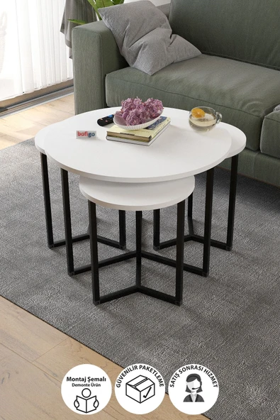 Bofigo 4lü Orta Sehpa Yan Sehpa Dekoratif Sehpa Metal Sehpa Yonca Beyaz ürün görseli