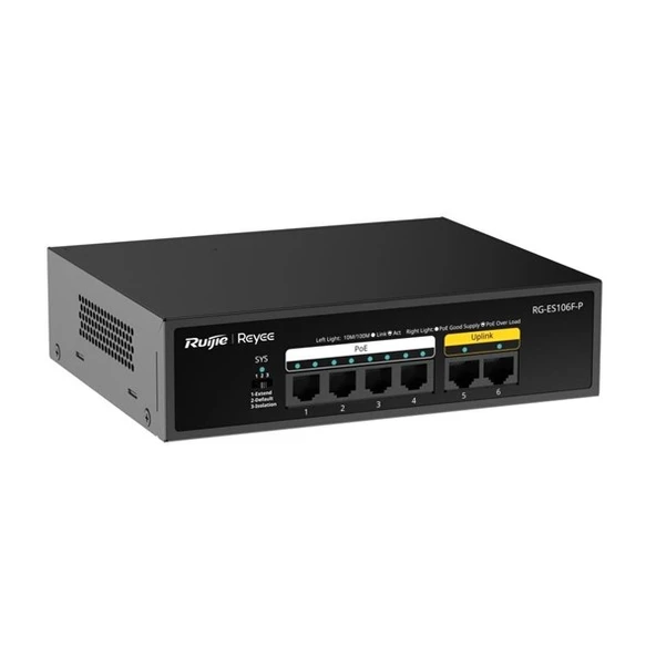 <![CDATA[RUIJIE REYEE 6port RG-ES106F-P 10/100 2-UPLINK 54W 4port YÖNETİLEMEZ POE SWITCH]]> ürün görseli 1
