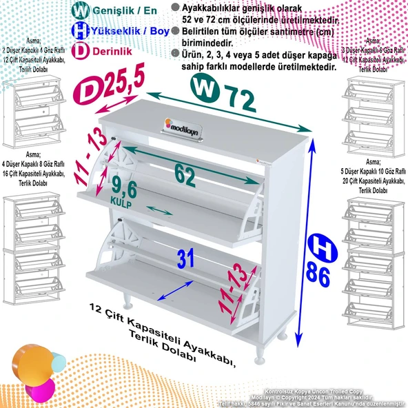 Modilayn UMAY Antre Hol 72 x 90 x 25,5 cm’ lik 2 Düşer Kapak 4 Göz Bölmeli Ayakkabılık - Resim 5