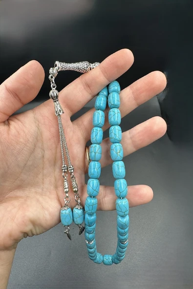 Mavi Ceyt Taşı Set Alpaka Püskül Tespih (Ahşap Kutulu) - Resim 4