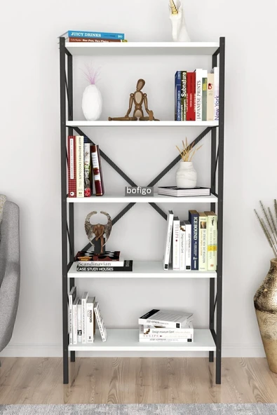 Bofigo Dekoratif 5 Raflı Kitaplık Metal Kitaplık Beyaz - Resim 4