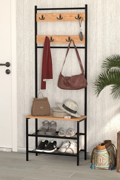 Bofigo 3 Raflı Metal Portmanto Elbise Askılığı Vestiyer Ayakkabılık Samanyolu Çam - Resim 4