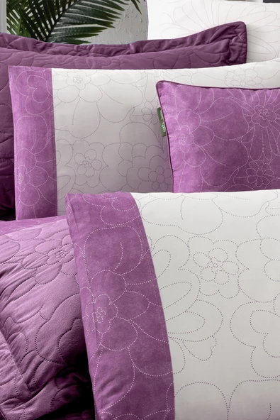 Floris Mor Çift Kişilik %100 Pamuk Nevresim Takımı ve Yatak Örtüsü Seti - Resim 5