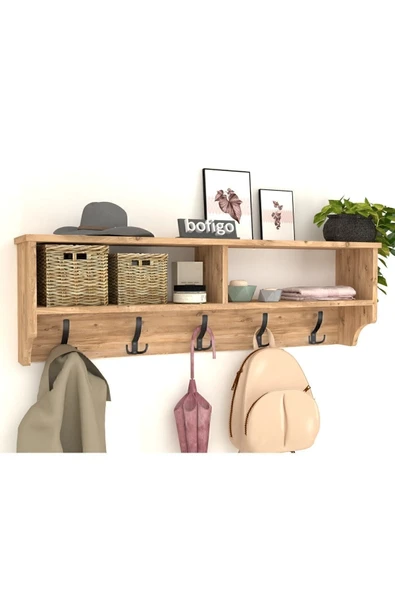 Bofigo Portmanto Duvar Askılığı Elbise Askılığı Raflı Duvar Askılığı Çam 120 Cm - Resim 3