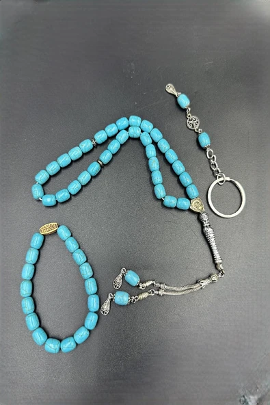 Mavi Ceyt Taşı Set Alpaka Püskül Tespih (Ahşap Kutulu) - Resim 5