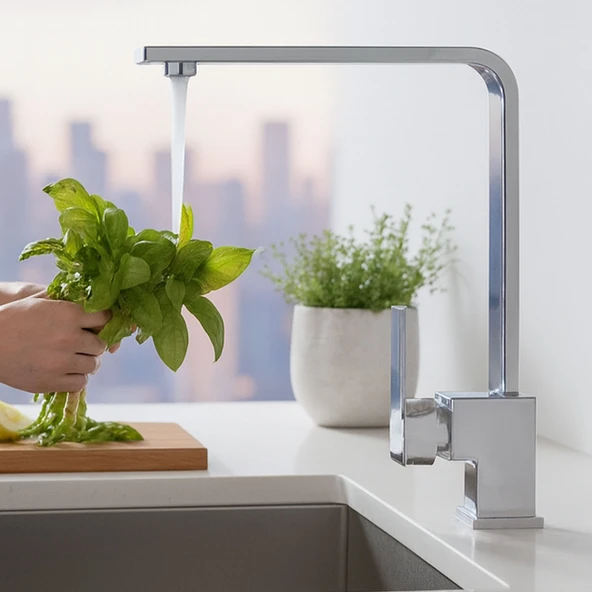 Mutfak Evye Bataryası Krom 360 Derece Döner Başlıklı Dayanıklı Su Tasarruflu Lavabo Musluğu - Resim 7