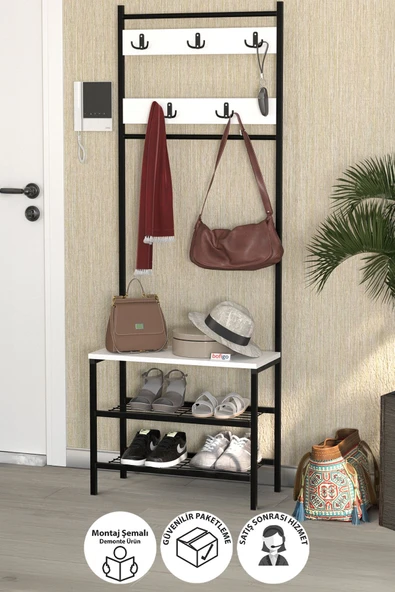 Bofigo 3 Raflı Metal Portmanto Elbise Askılığı Vestiyer Ayakkabılık Samanyolu Beyaz ürün görseli