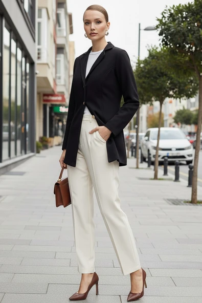 Üç Düğme Tasarım Yaka Kaşe Şık Siyah Kaban - Resim 3