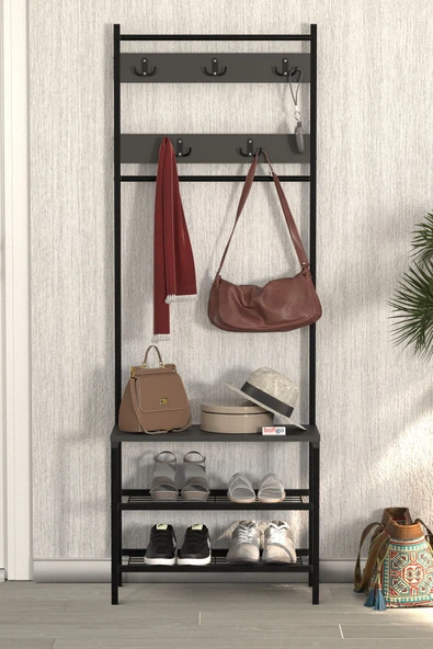 Bofigo 3 Raflı Metal Portmanto Elbise Askılığı Vestiyer Ayakkabılık Samanyolu Antrasit - Resim 2