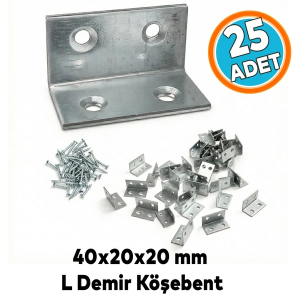 25 Adet Metal L Köşebent 40x20x20 mm Vida Setli Mobilya Dolap Raf Bağlantı Sabitleme Aparatı ürün görseli