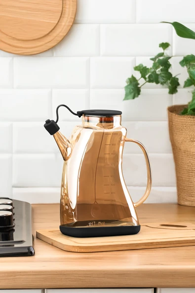 Porsima 3855-1 Şeffaf Borosilikat Cam Zeytinyağ Şişesi - Yağlık ve Sirkelik Siyah 1lt ürün görseli 1