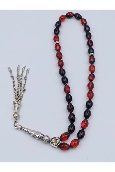 Alpaka Püsküllü Arpa Kesim Ateş Kehribar Tespih (Ahşap Kutulu) - Resim 4