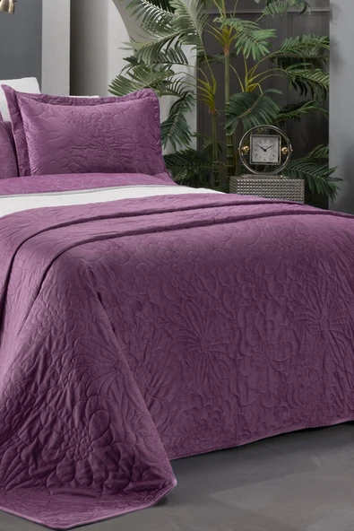 Floris Mor Çift Kişilik %100 Pamuk Nevresim Takımı ve Yatak Örtüsü Seti - Resim 2