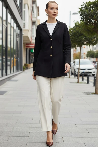 Üç Düğme Tasarım Yaka Kaşe Şık Siyah Kaban ürün görseli 1