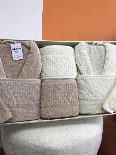 Su Yolu 8 Parça Aile Bornoz Takımı Krem - Açık Bej - Resim 2