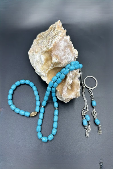 Mavi Ceyt Taşı Set Alpaka Püskül Tespih (Ahşap Kutulu) - Resim 6