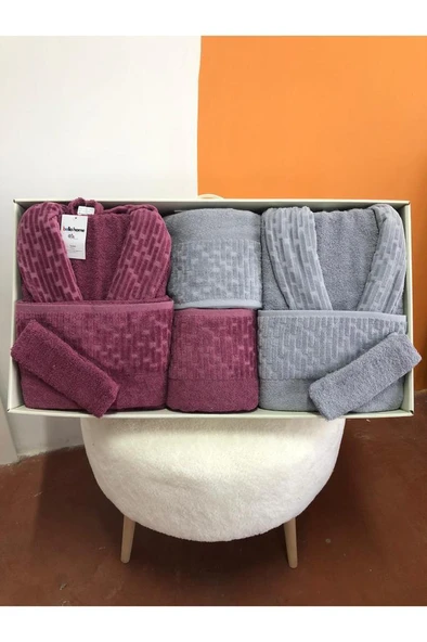 Su Yolu 8 Parça Aile Bornoz Takımı Açık Gri - Mürdüm ürün görseli 1