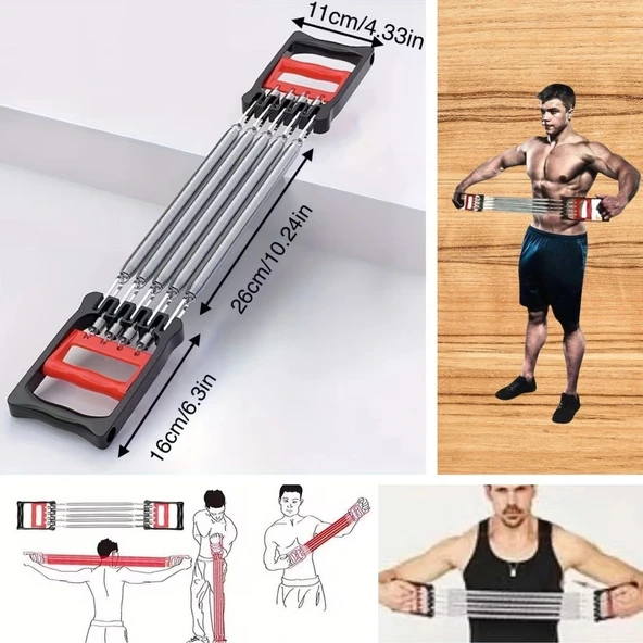 BUFFER® Göğüs Genişletme ve Kuvvet Egzersiz Aleti – 5 Yaylı 5 Kademeli Ayarlanabilir Fitness ve Kuvvet Antrenmanı Ekipma - Resim 5