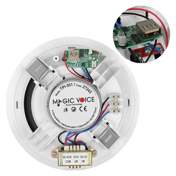 Magicvoice TPI-351 6" (16 CM) Hat Trafolu Alçıpan/Asma Tavan Tipi Hoparlör (6W RMS - MP3 USB Uyumlu) - Beyaz - Resim 2