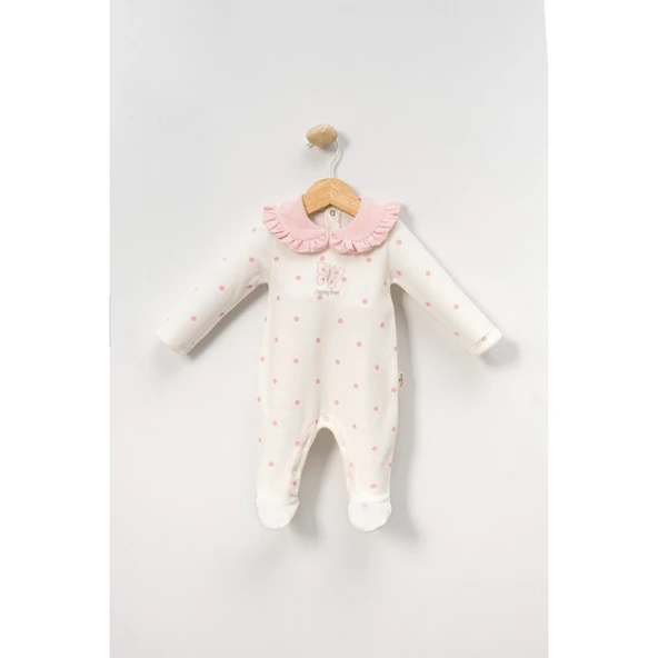 Kelebek Nakışlı Puantiyeli Kız Bebek Kadife Tulum ürün görseli