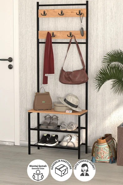 Bofigo 3 Raflı Metal Portmanto Elbise Askılığı Vestiyer Ayakkabılık Samanyolu Çam ürün görseli