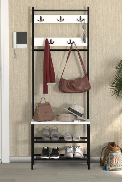 Bofigo 3 Raflı Metal Portmanto Elbise Askılığı Vestiyer Ayakkabılık Samanyolu Beyaz - Resim 2