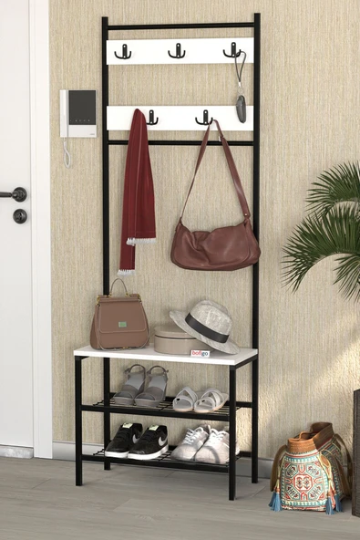 Bofigo 3 Raflı Metal Portmanto Elbise Askılığı Vestiyer Ayakkabılık Samanyolu Beyaz - Resim 4