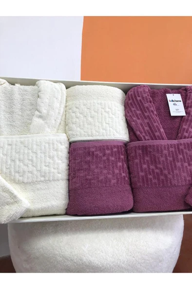 Su Yolu 8 Parça Aile Bornoz Takımı Krem - Mürdüm - Resim 2