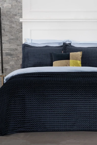 Dustin Lacivert Çift Kişilik Yatak Örtüsü Seti - Resim 3