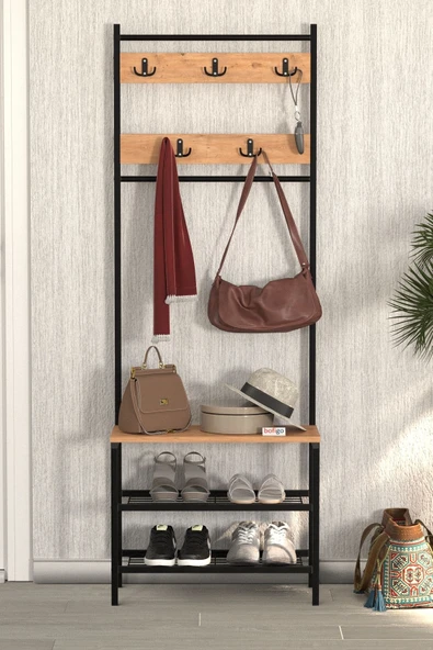 Bofigo 3 Raflı Metal Portmanto Elbise Askılığı Vestiyer Ayakkabılık Samanyolu Çam - Resim 2