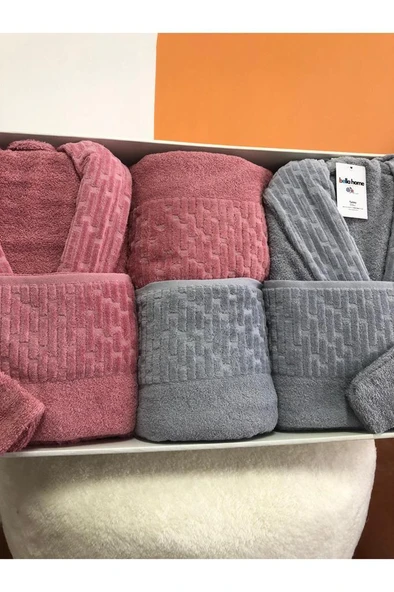 Su Yolu 8 Parça Aile Bornoz Takımı Açık Gri - Gül Kurusu - Resim 2