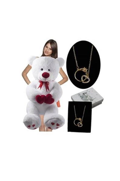 Ayıcı Oyuncak 100 cm Çift Kalp Tutan Peluş Ayı Yanında Annem Yazılı Kolye Hediyeli ürün görseli 1