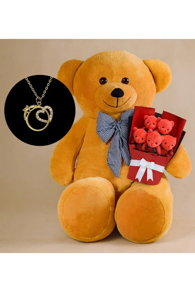Özgüner Oyuncak Aşk Dolu Hediye – Peluş Ayı 90 cm, Mini Buket ve 24 Ayar Altın Kaplama Kolye Kombini ürün görseli 1