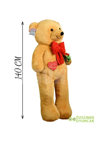 Ayıcı Oyuncak 140 Cm Güllü Kalpli Papyonlu Büyük Ayıcık %100 Yerli - Resim 3