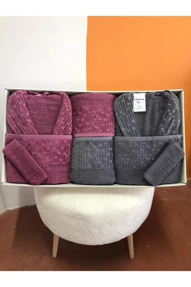 Su Yolu 8 Parça Aile Bornoz Takımı Antrasit -  Mürdüm ürün görseli 1