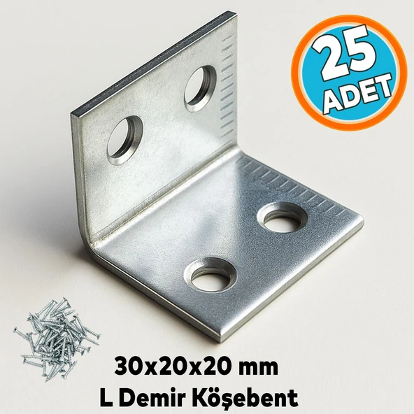(25 Adet) Metal L Demiri 30x20x20 mm Kalın Köşebent Raf Dolap Köşe Bağlantı Mobilya Sabitleme Seti ürün görseli