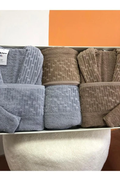 Su Yolu 8 Parça Aile Bornoz Takımı Açık Gri - Koyu Bej - Resim 2