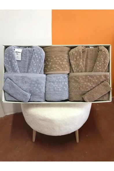 Su Yolu 8 Parça Aile Bornoz Takımı Açık Gri - Koyu Bej ürün görseli 1