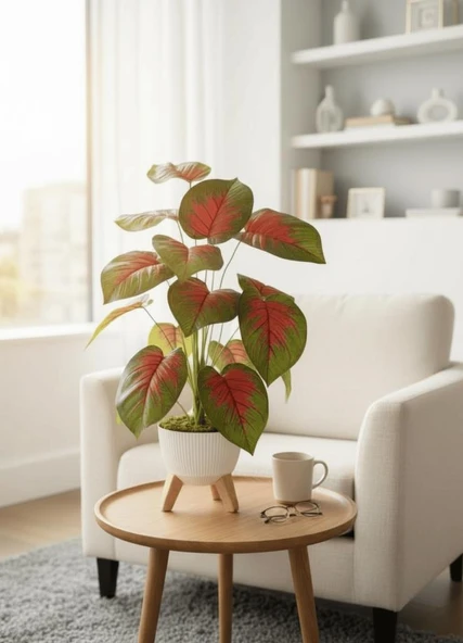 Yapay Çiçek Salon Bitkisi Kızıl Difenbahya 70cm 18 Yaprak Beyaz Zigon Saksıda - Resim 8