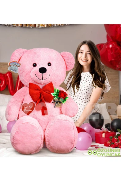 Ayıcı Oyuncak 140 Cm Güllü Kalpli Papyonlu Büyük Ayıcık %100 Yerli - Resim 2