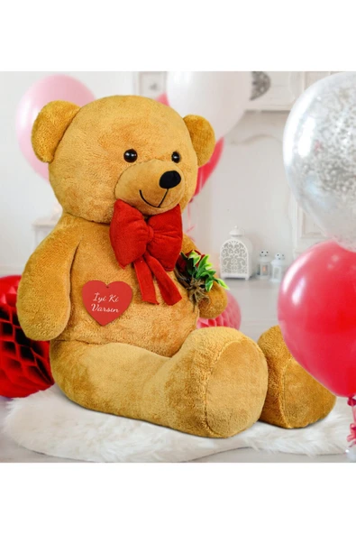 Ayıcı Oyuncak 130 Cm Güllü Kalpli Papyonlu Büyük Ayıcık %100 Yerli - Resim 3