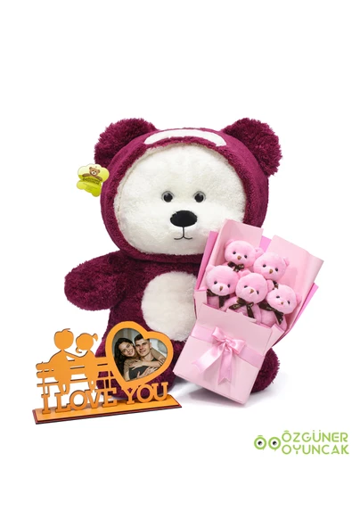 Ayıcı Oyuncak Anlamlı ve Romantik Hediye Seti – 90 cm Peluş Ayı + Dekoratif Çerçeve + 5'li Mini Peluş Buket ürün görseli 1