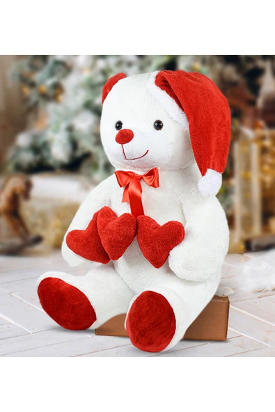 Ayıcı Oyuncak 90 Cm Noel Şapkalı Üç Kalpli Pelüş Ayıcık Yeni Yıl ,yılbaşı Hediyesi - Resim 3